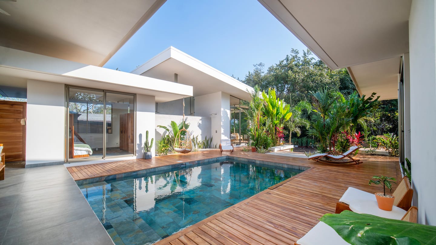 Private pool framed by triangular roof opening and lush jungle
