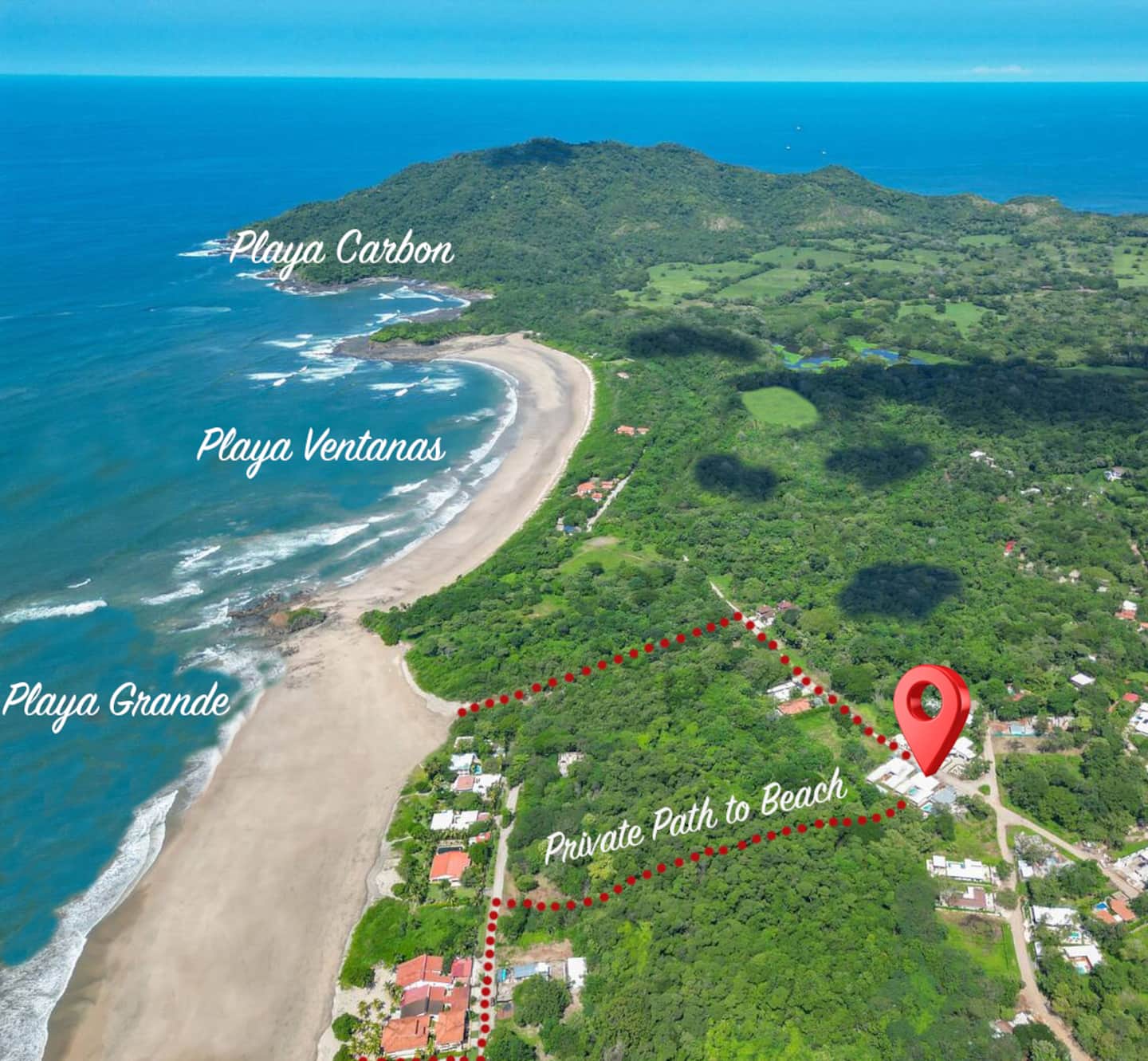 Aerial map showing Casa Mavericks private path to Playa Grande beach, Guanacaste